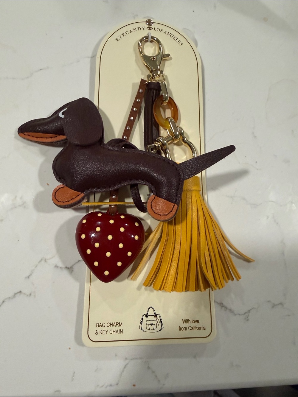 eye candy Brown Dachshund Tassel & Red Polka Dot Heart Bag Charm
